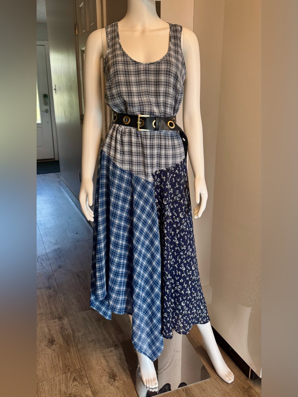 Michael Kors Patchwork Plaid and Floral Midi Dress with Belt size Small